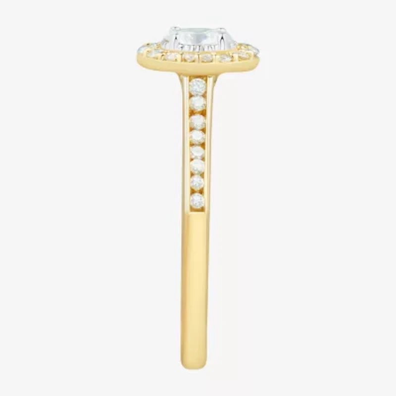 (H-I / Si1-Si2) Womens 1/2 CT. T.W. Lab Grown White Diamond 10K Gold Oval Side Stone Halo Engagement Ring