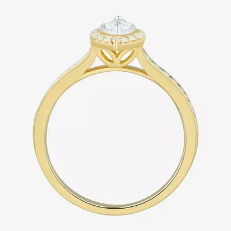 (H-I / Si1-Si2) Womens 1/2 CT. T.W. Lab Grown White Diamond 10K Gold Marquise Side Stone Halo Engagement Ring