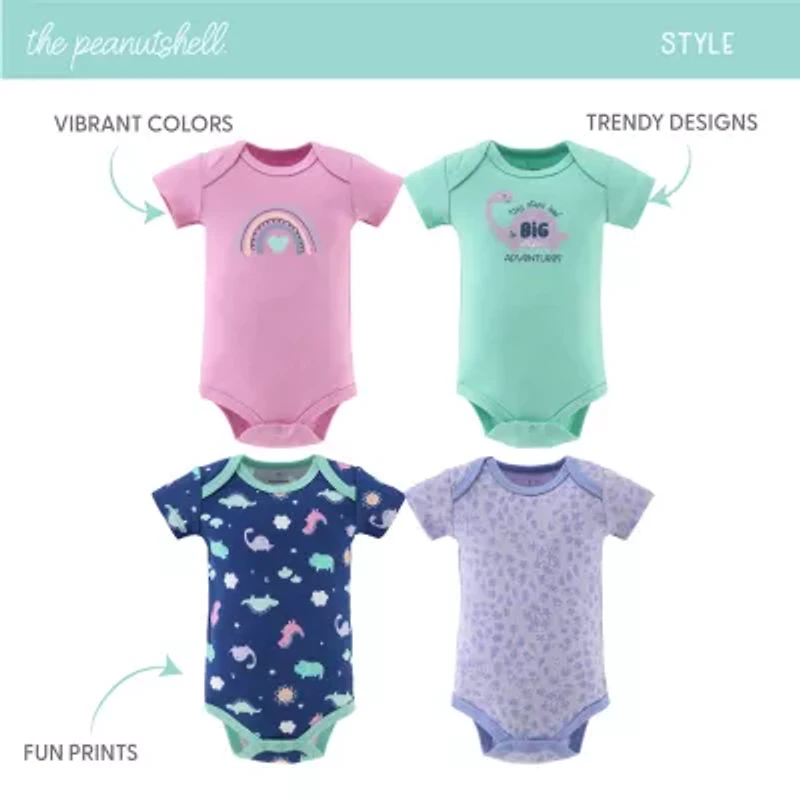 The Peanutshell Dino Girl Baby Girls Round Neck Short Sleeve 4-pc. Bodysuit