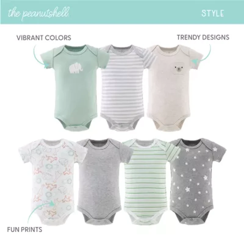 The Peanutshell Neutral Safari Baby Unisex Round Neck Short Sleeve 7-pc. Bodysuit