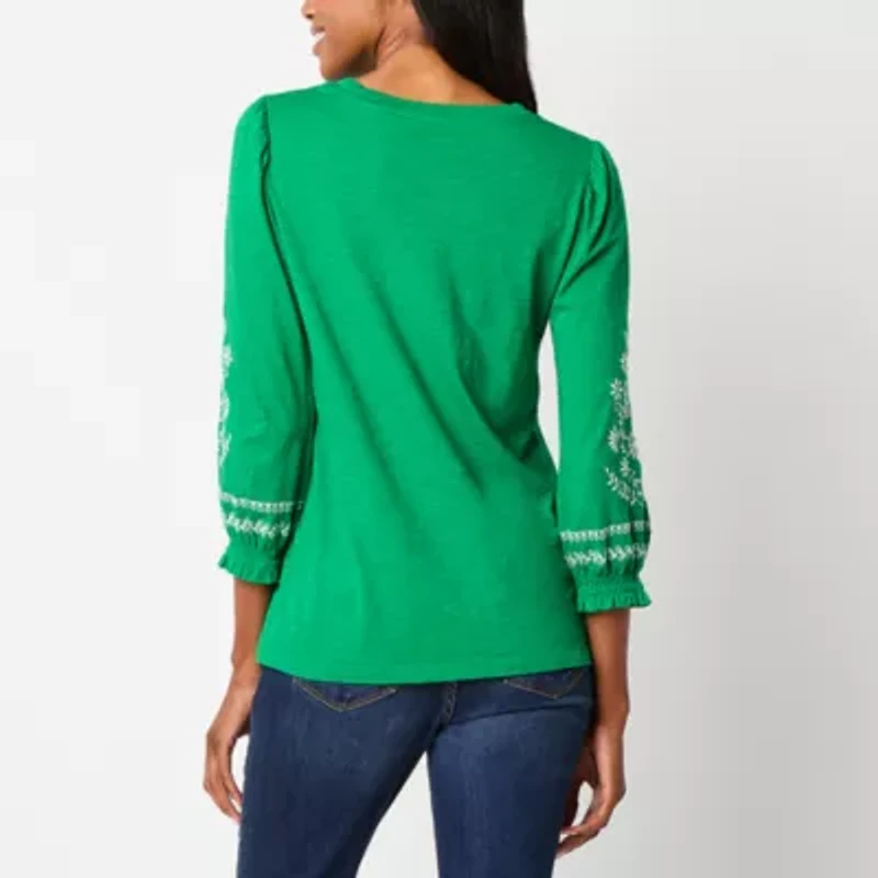 St. John's Bay Womens Round Neck 3/4 Sleeve Embroidered Blouse