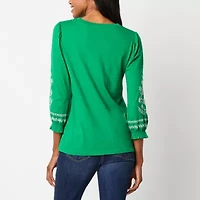 St. John's Bay Womens Round Neck 3/4 Sleeve Embroidered Blouse