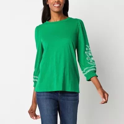 St. John's Bay Womens Round Neck 3/4 Sleeve Embroidered Blouse
