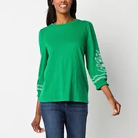 St. John's Bay Womens Round Neck 3/4 Sleeve Embroidered Blouse