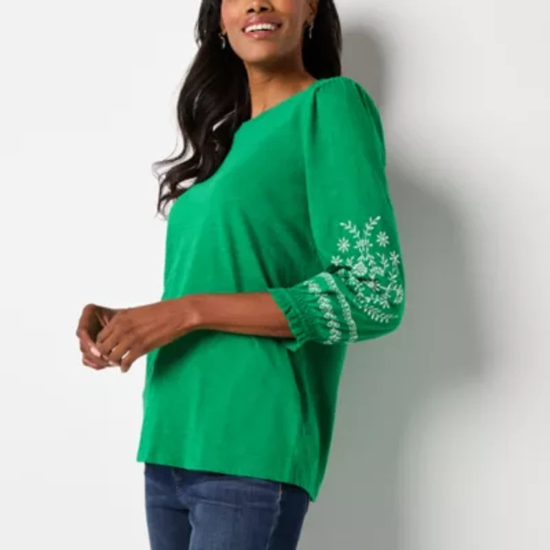 St. John's Bay Womens Round Neck 3/4 Sleeve Embroidered Blouse