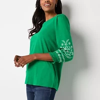 St. John's Bay Womens Round Neck 3/4 Sleeve Embroidered Blouse
