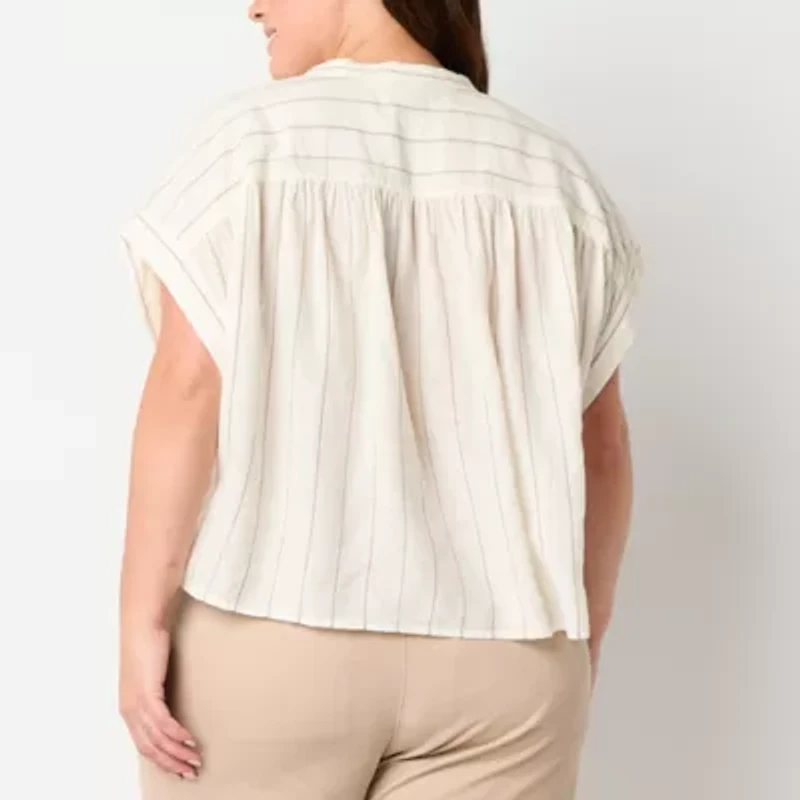 a.n.a Womens Plus Split Crew Neck Short Sleeve Blouse