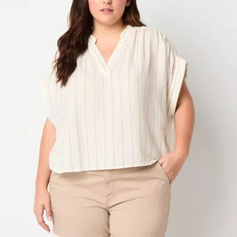 a.n.a Womens Plus Split Crew Neck Short Sleeve Blouse