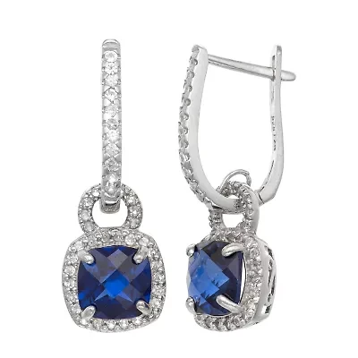 Womens Lab Created Blue Sapphire Sterling Silver Cushion Drop Earrings