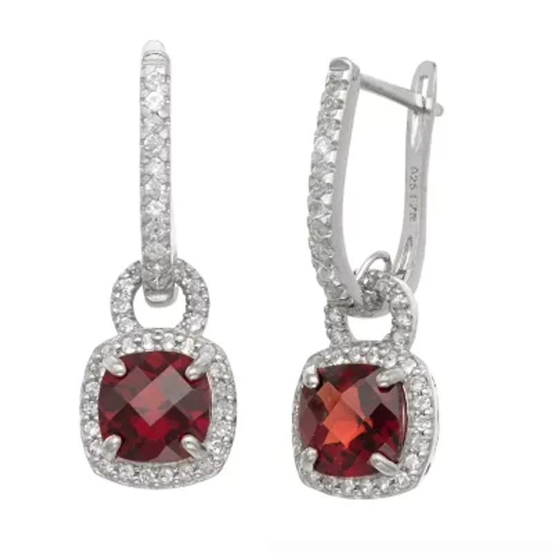 Womens Genuine Red Garnet Sterling Silver Cushion Drop Earrings