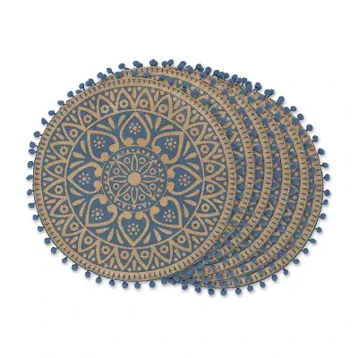 Design Imports French Blue Block Print On Natural Round Jute 6-pc. Table Linen Set