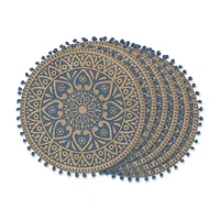Design Imports French Blue Block Print On Natural Round Jute 6-pc. Table Linen Set