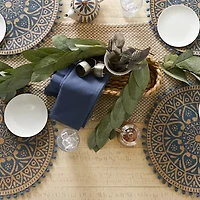 Design Imports French Blue Block Print On Natural Round Jute 6-pc. Table Linen Set