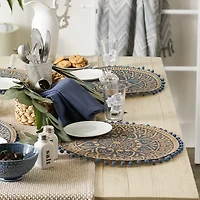 Design Imports French Blue Block Print On Natural Round Jute 6-pc. Table Linen Set