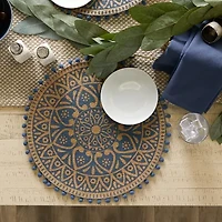Design Imports French Blue Block Print On Natural Round Jute 6-pc. Table Linen Set