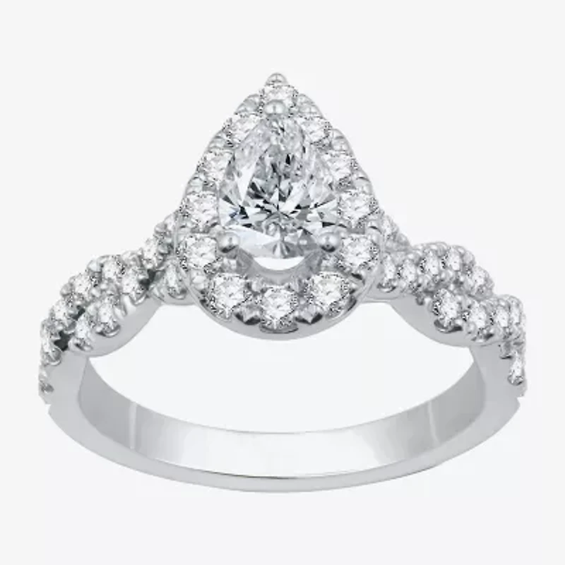 Signature By Modern Bride (H-I / I1) Womens 1 1/4 CT. T.W. Lab Grown White Diamond 10K Gold Pear Side Stone Halo Engagement Ring