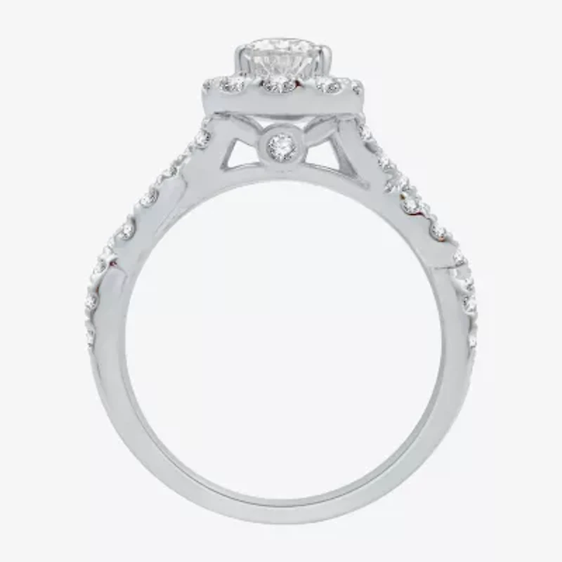 Signature By Modern Bride (H-I / I1) Womens 1 1/4 CT. T.W. Lab Grown White Diamond 10K Gold Pear Side Stone Halo Engagement Ring