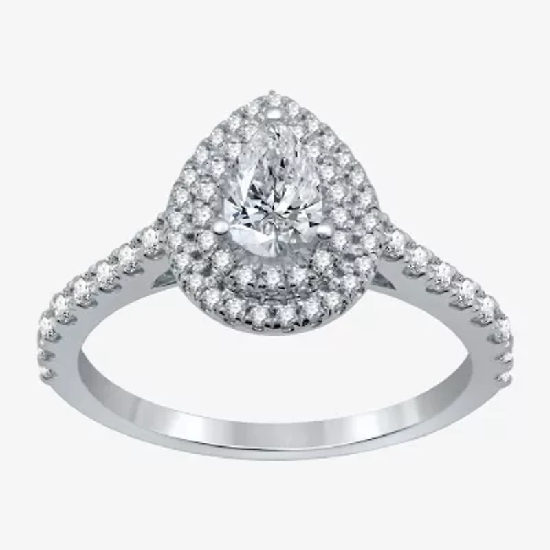 Signature By Modern Bride (H-I / I1) Womens 1 CT. T.W. Lab Grown White Diamond 10K Gold Pear Side Stone Halo Engagement Ring