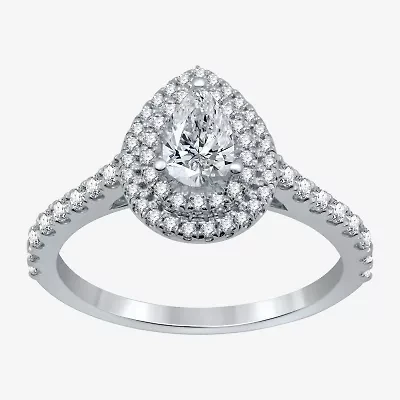 Signature By Modern Bride (H-I / I1) Womens 1 CT. T.W. Lab Grown White Diamond 10K Gold Pear Side Stone Halo Engagement Ring