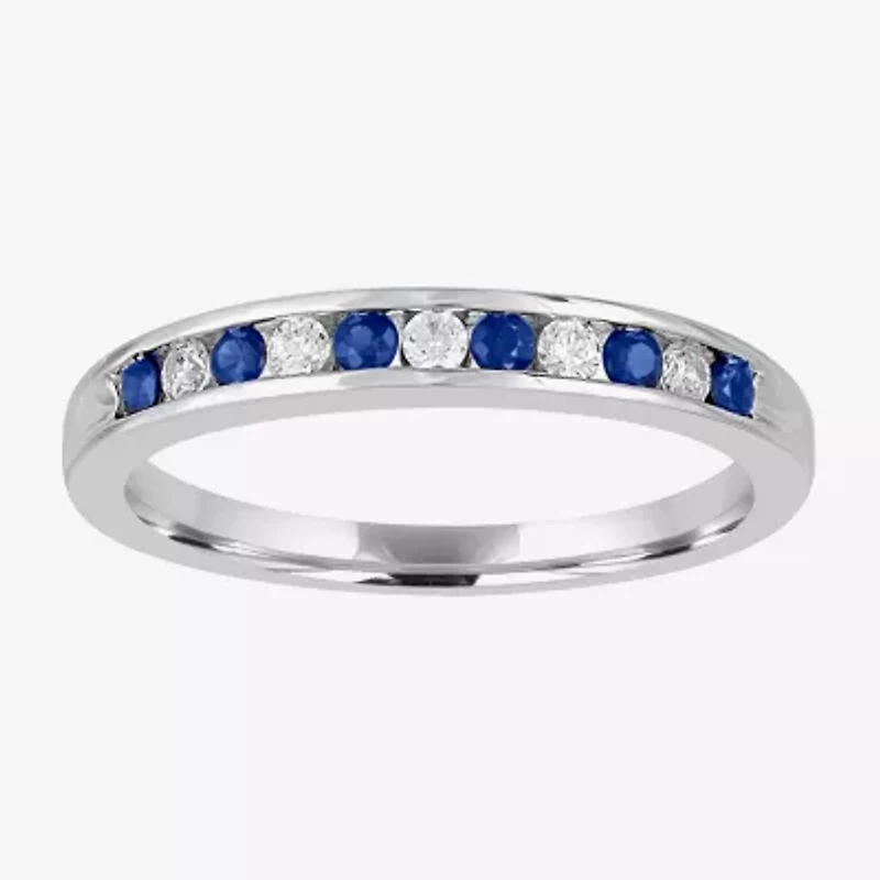 Modern Bride Gemstone Womens 2MM 1/8 CT. T.W. Genuine Blue Sapphire 10K White Gold Wedding Band