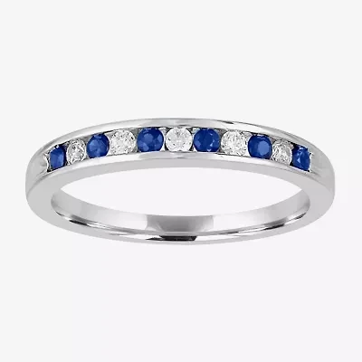 Modern Bride Gemstone Womens 2MM 1/8 CT. T.W. Genuine Blue Sapphire 10K White Gold Wedding Band