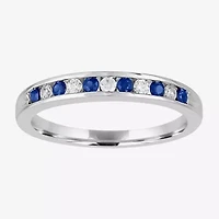 Modern Bride Gemstone Womens 2MM 1/8 CT. T.W. Genuine Blue Sapphire 10K White Gold Wedding Band
