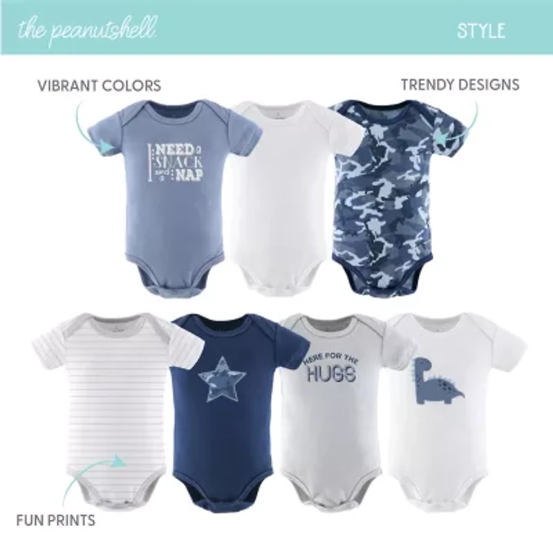 The Peanutshell Blue Camo Baby Boys Round Neck Short Sleeve 7-pc. Bodysuit