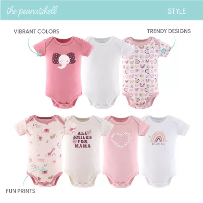 The Peanutshell Rainbow Safari Baby Girls Round Neck Short Sleeve 7-pc. Bodysuit