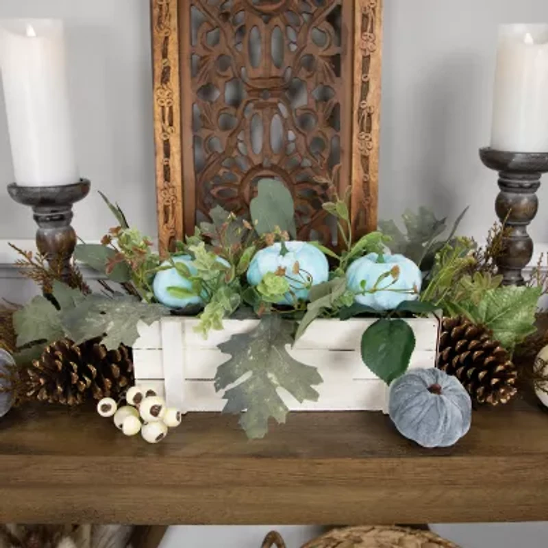 Northlight 18in Fall Harvest Foliage And Blue Pumpkins Planter