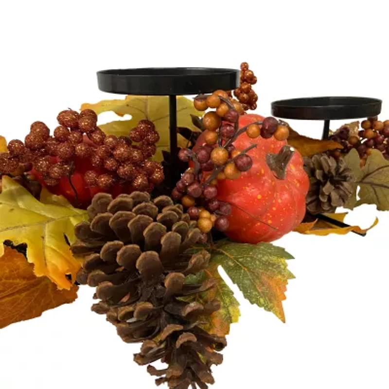 Northlight 21in Orange Fall Harvest Leaves And Pumpkins Candle Holder