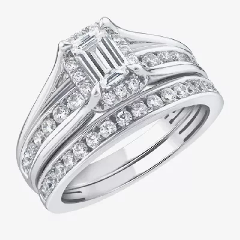 (G / Si1-Si2) Womens 1 1/2 CT. T.W. Lab Grown White Diamond 10K Gold Side Stone Halo Bridal Set