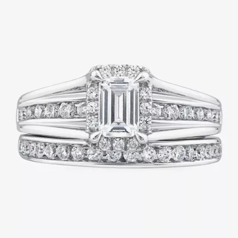 G / Si1-Si2) Womens 1 1/2 CT. T.W. Lab Grown White Diamond 10K White Gold Side Stone Halo Bridal Set