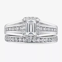 G / Si1-Si2) Womens 1 1/2 CT. T.W. Lab Grown White Diamond 10K White Gold Side Stone Halo Bridal Set