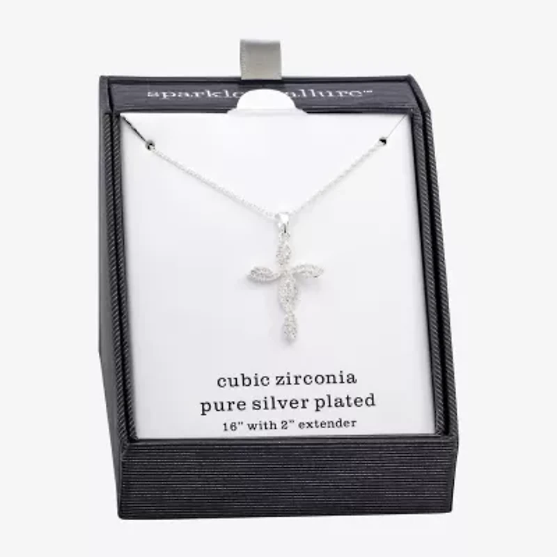 Sparkle Allure Womens Cubic Zirconia Pure Silver Over Brass Cross 16 Inch Pendant Necklace