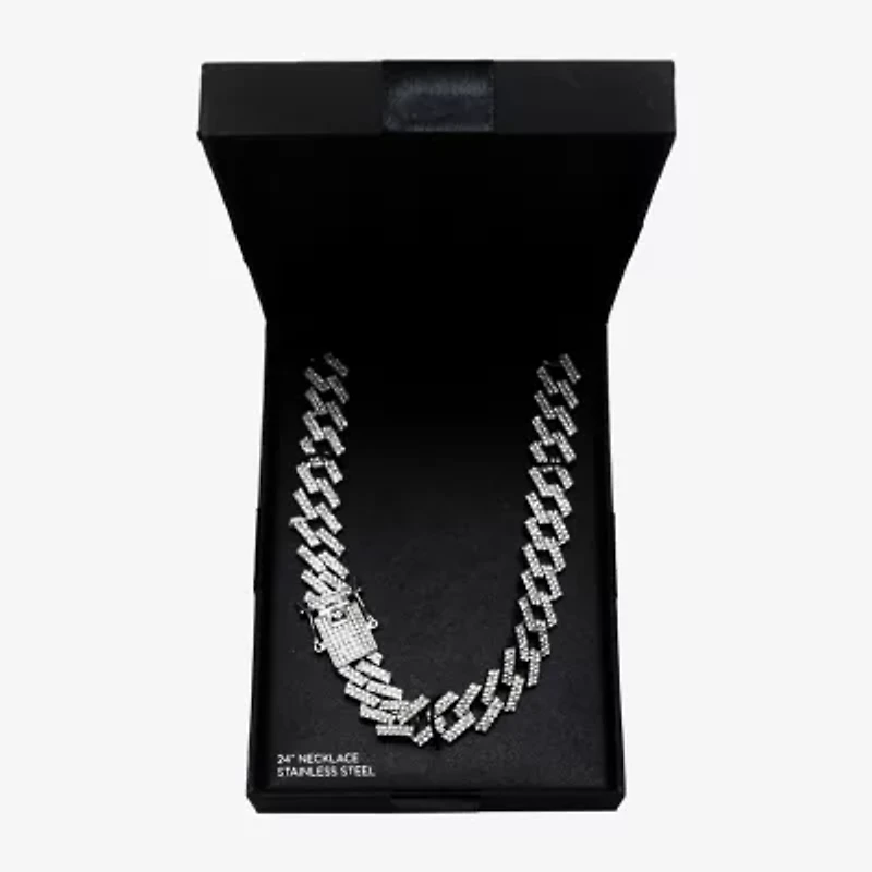 Mens Genuine White Zirconia Stainless Steel 24 Inch Pendant Necklace