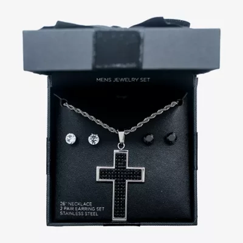 Mens Black Cubic Zirconia Stainless Steel Cross 3-pc. Jewelry Set