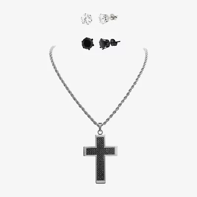 Mens Black Cubic Zirconia Stainless Steel Cross 3-pc. Jewelry Set