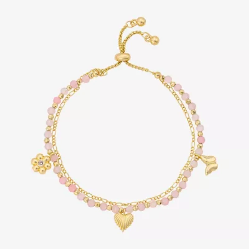 Footnotes Multi Strand Charm Womens Pink Quartz 10K Gold Over Brass Butterfly Flower Heart Bolo Bracelet