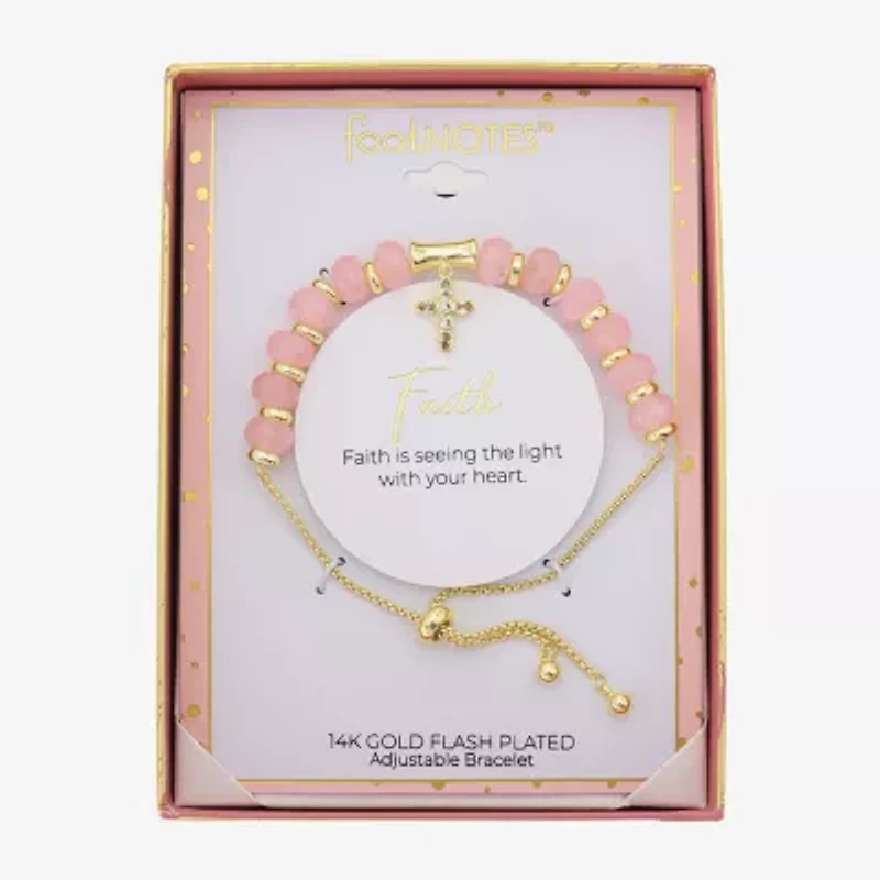 Footnotes Charm Beaded Womens Pink Quartz 10K Gold Over Brass Cross Bolo Bracelet