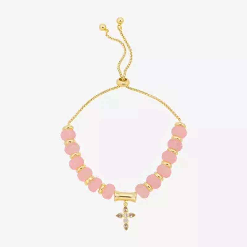 Footnotes Charm Beaded Womens Pink Quartz 10K Gold Over Brass Cross Bolo Bracelet