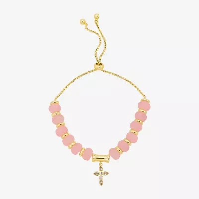 Footnotes Charm Beaded Womens Pink Quartz 10K Gold Over Brass Cross Bolo Bracelet