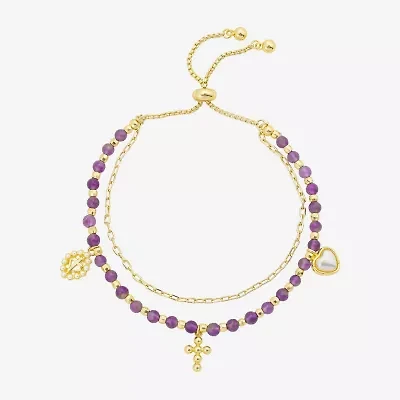 Footnotes Charm Beaded Womens Purple Amethyst 10K Gold Over Brass Cross Heart Bolo Bracelet