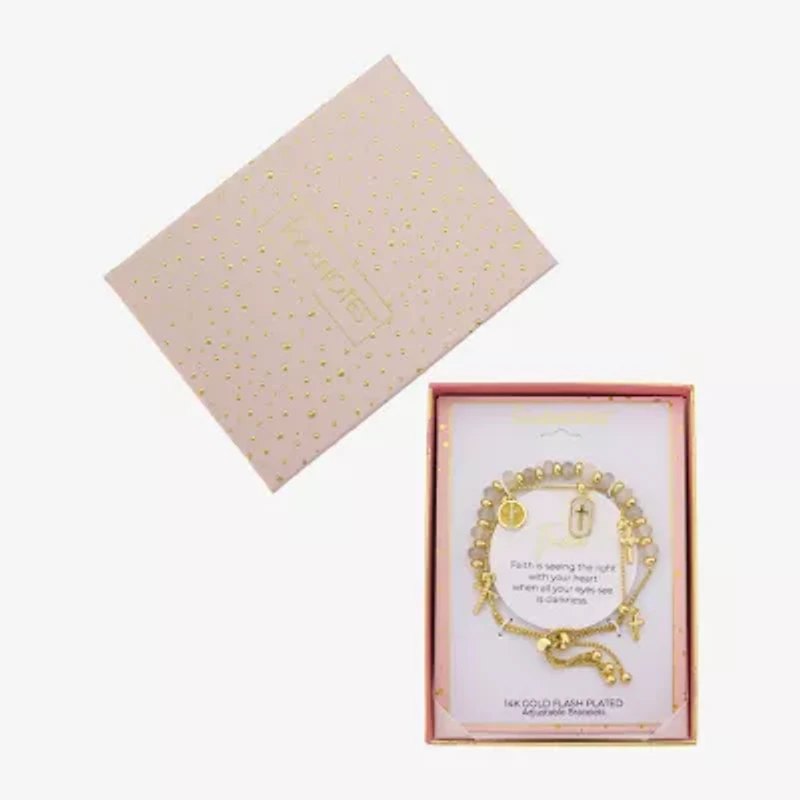 Footnotes Charm Beaded Womens White Moonstone 10K Gold Over Brass Cross Bolo Bracelet