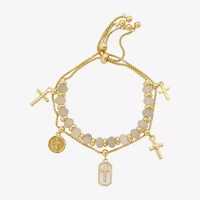 Footnotes Charm Beaded Womens White Moonstone 10K Gold Over Brass Cross Bolo Bracelet