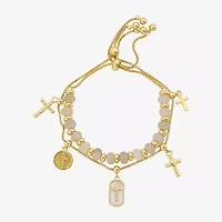 Footnotes Charm Beaded Womens White Moonstone 10K Gold Over Brass Cross Bolo Bracelet