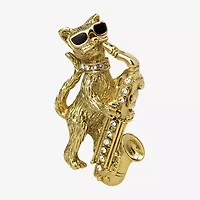 1928 Gold Tone Cat Saxophone Black Crystal Brooch