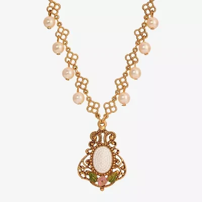 1928 Womens White Glass Alloy Flower 16 Inch Pendant Necklace