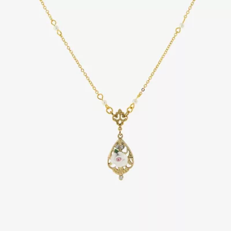 1928 Porcelain Rose Womens Crystal Alloy Flower 17 Inch Pendant Necklace