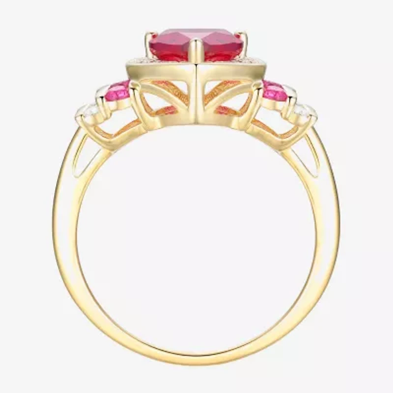 Womens Lab Created Red Ruby 14K Gold Over Silver Heart Halo Cocktail Ring