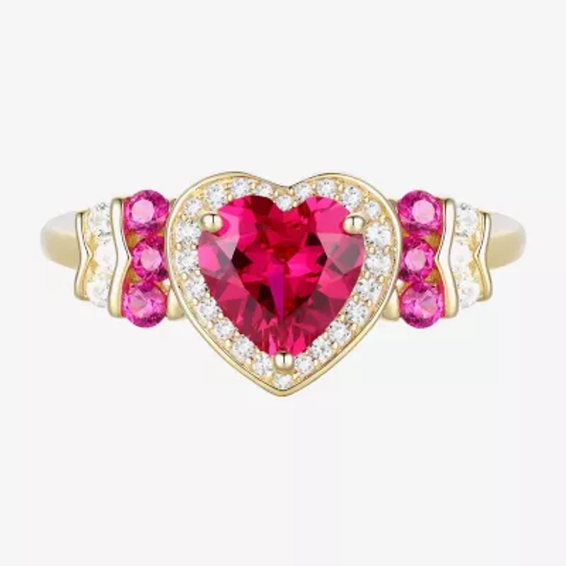 Womens Lab Created Red Ruby 14K Gold Over Silver Heart Halo Cocktail Ring